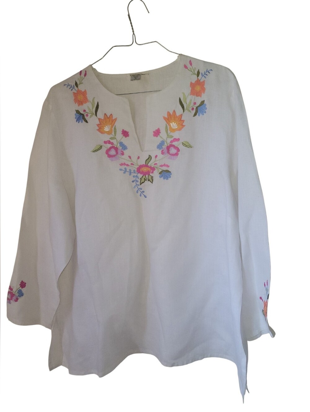 Susan Bristol Vintage White Linen Tunic with Multicolor Floral Embroidery V Neck